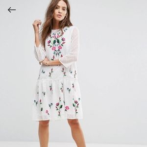 Anthropologie White Mini Dress with Floral Embroidery Design